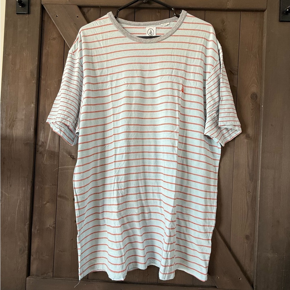 Volcom White and Red Striped Short Sleeve Tee